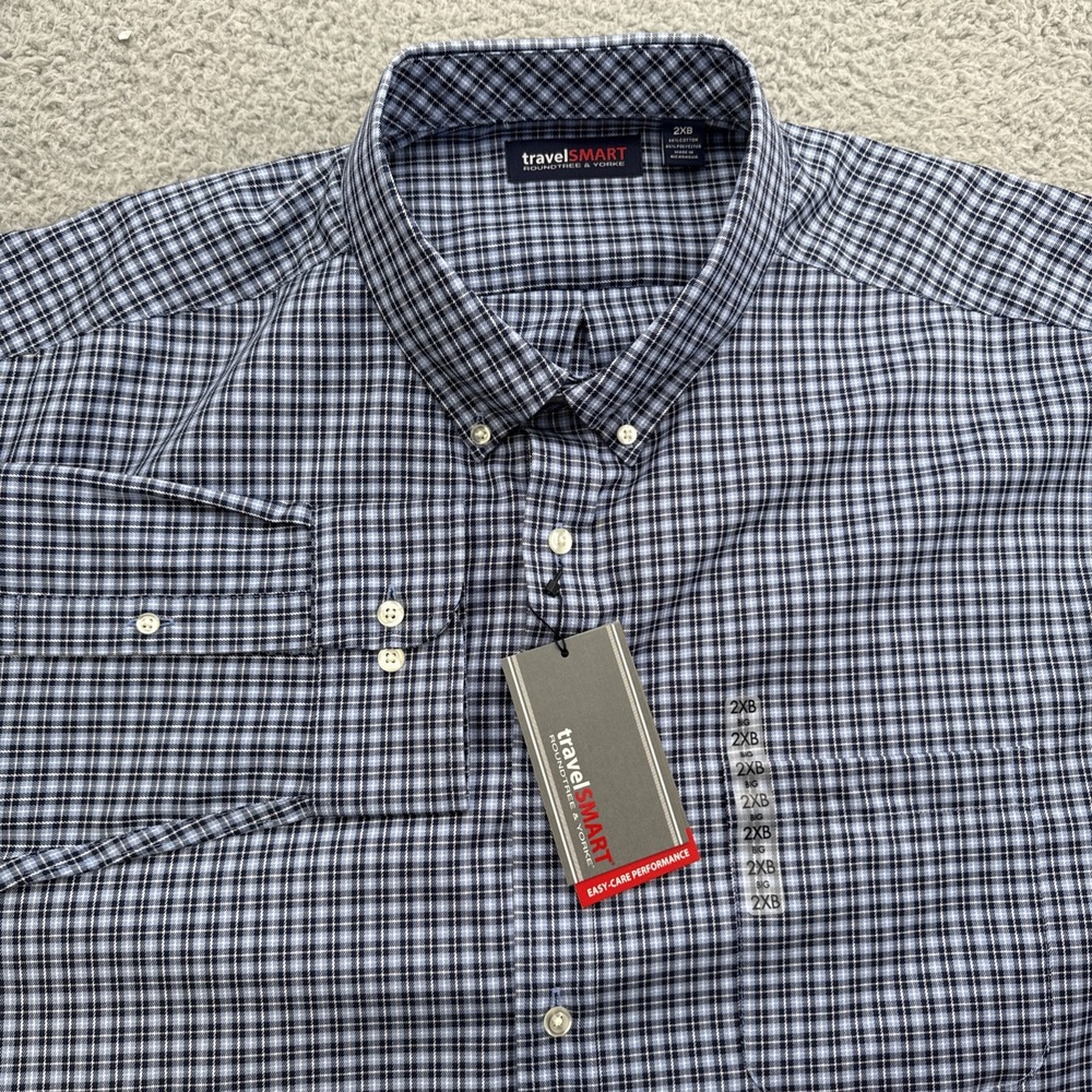 TravelSmart Dress Casual Shirt Mens XXL Big 2XB L/S Blue Plaid Roundtree & Yorke